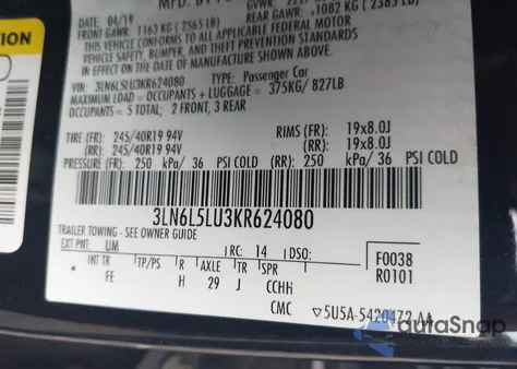 2019 Lincoln Mkz Hybrid Reserve I z USA, uszkodzony, nr VIN 3LN6L5LU3KR624080